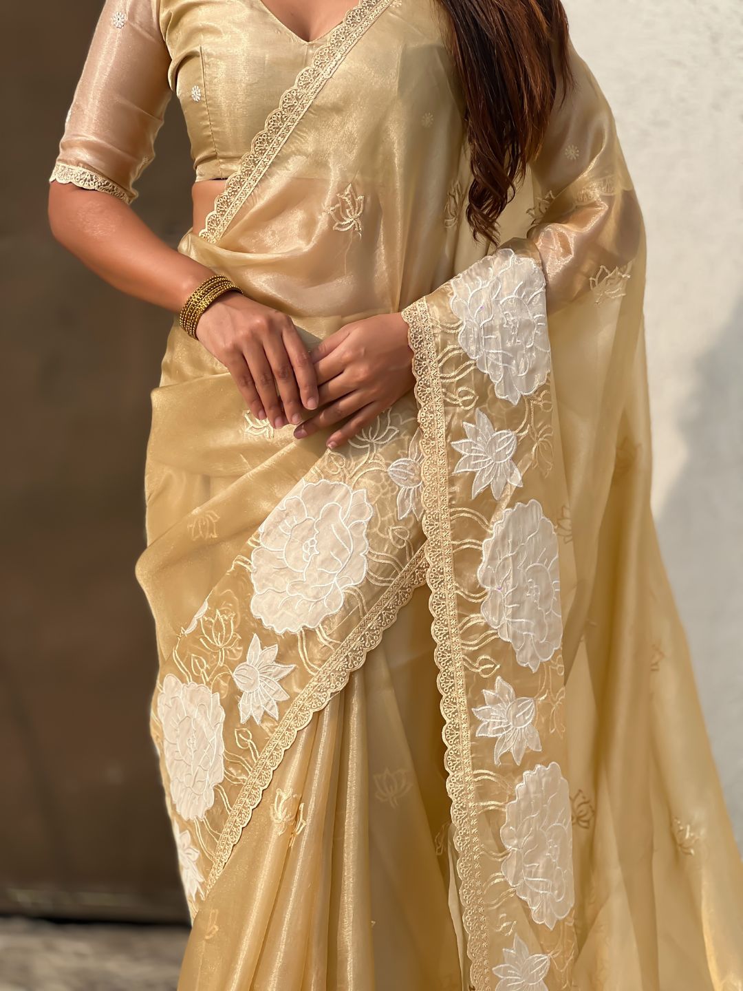 Pure Oris Silk Saree with Lotus Embroidery And Cutwork Border  Designer Silk Saree for Wedding And Festive Wear