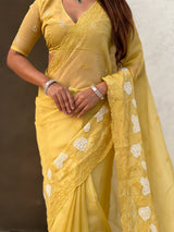 Pure Chanda Kora Silk Saree with Floral Embroidered Buttis And Applique Cutwork Border