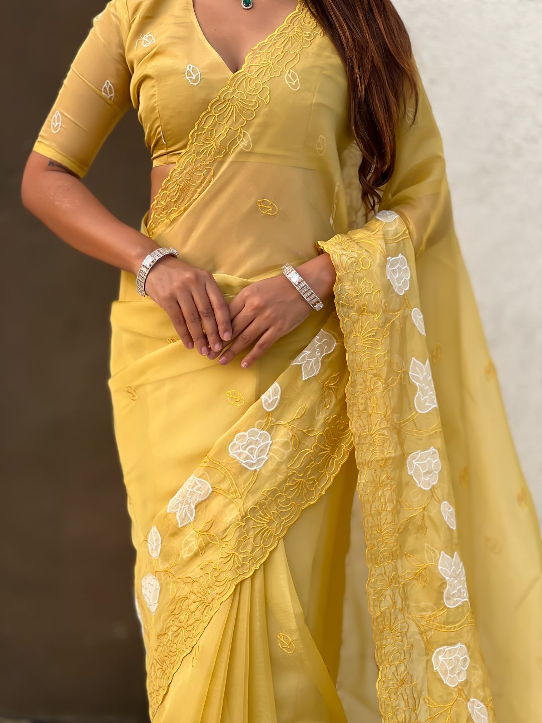 Pure Chanda Kora Silk Saree with Floral Embroidered Buttis And Applique Cutwork Border