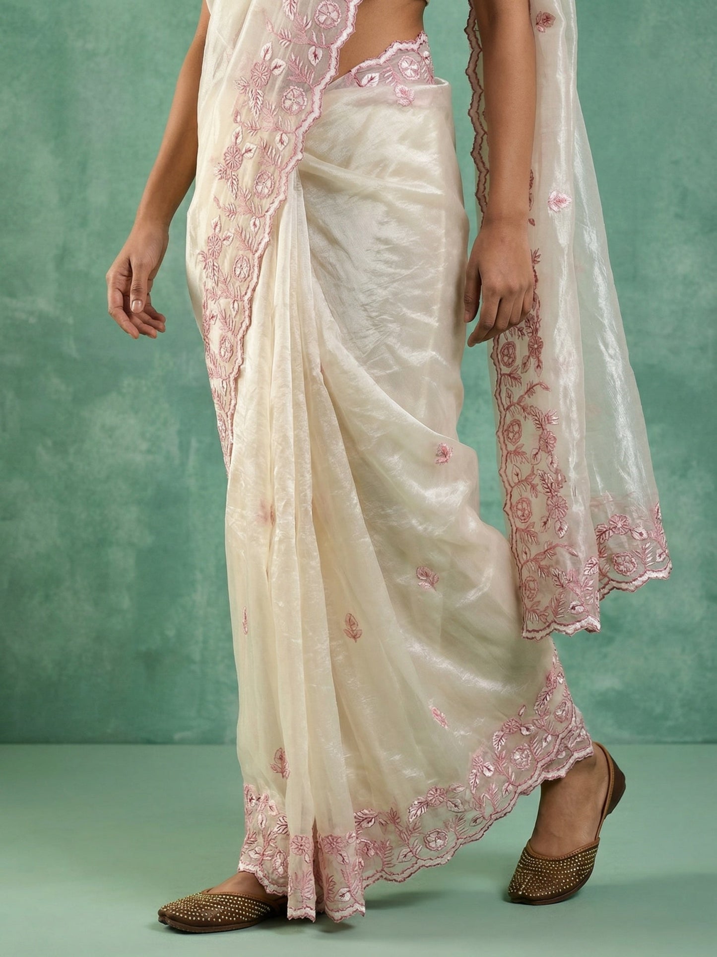 Pure Chanda Silk Floral Embroidered Saree with Schiffli Resham Zari Work & Cutwork Border