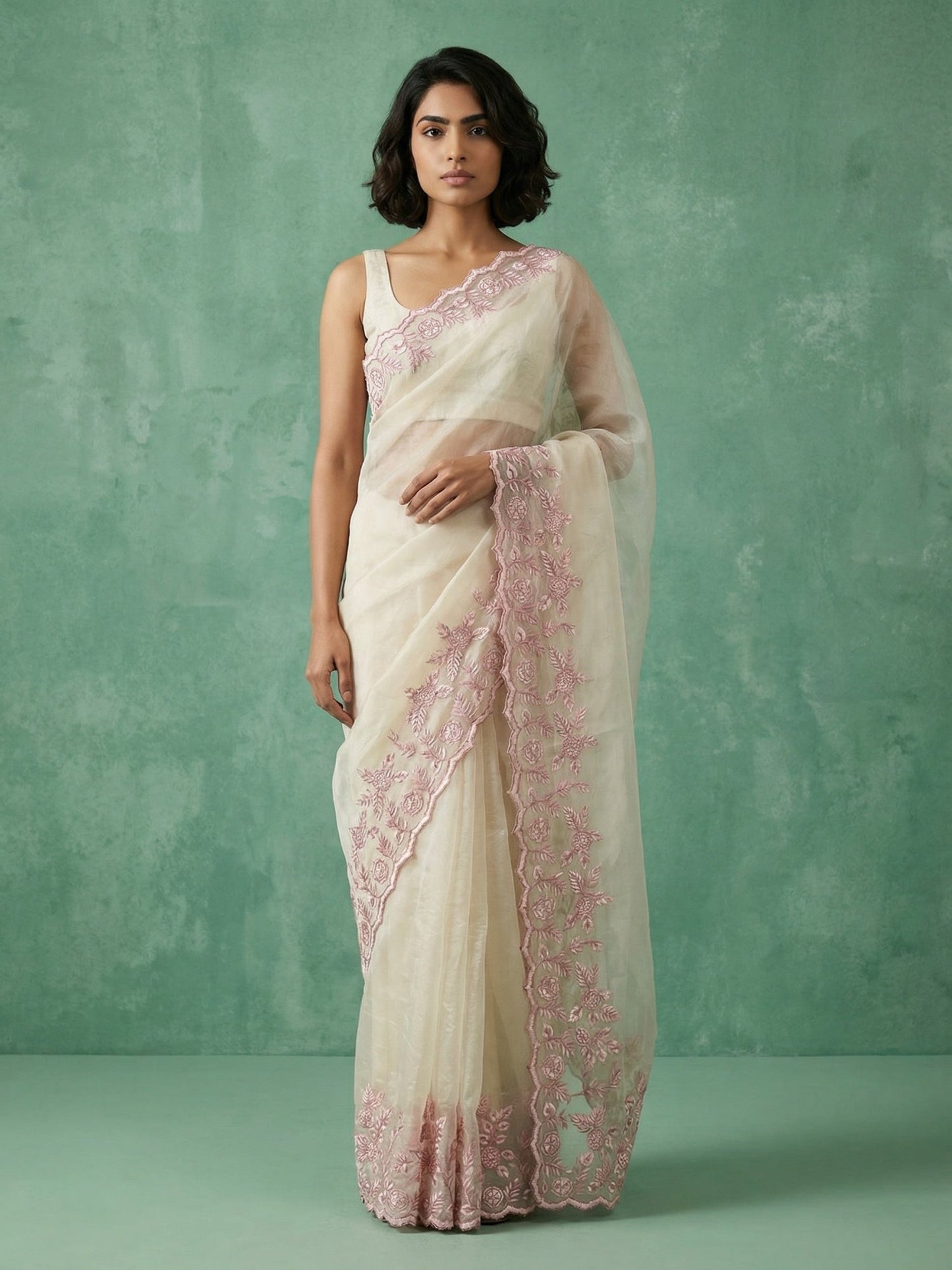 Pure Chanda Silk Floral Embroidered Saree with Schiffli Resham Zari Work & Cutwork Border