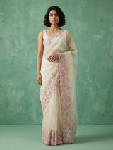 Pure Chanda Silk Floral Embroidered Saree with Schiffli Resham Zari Work & Cutwork Border