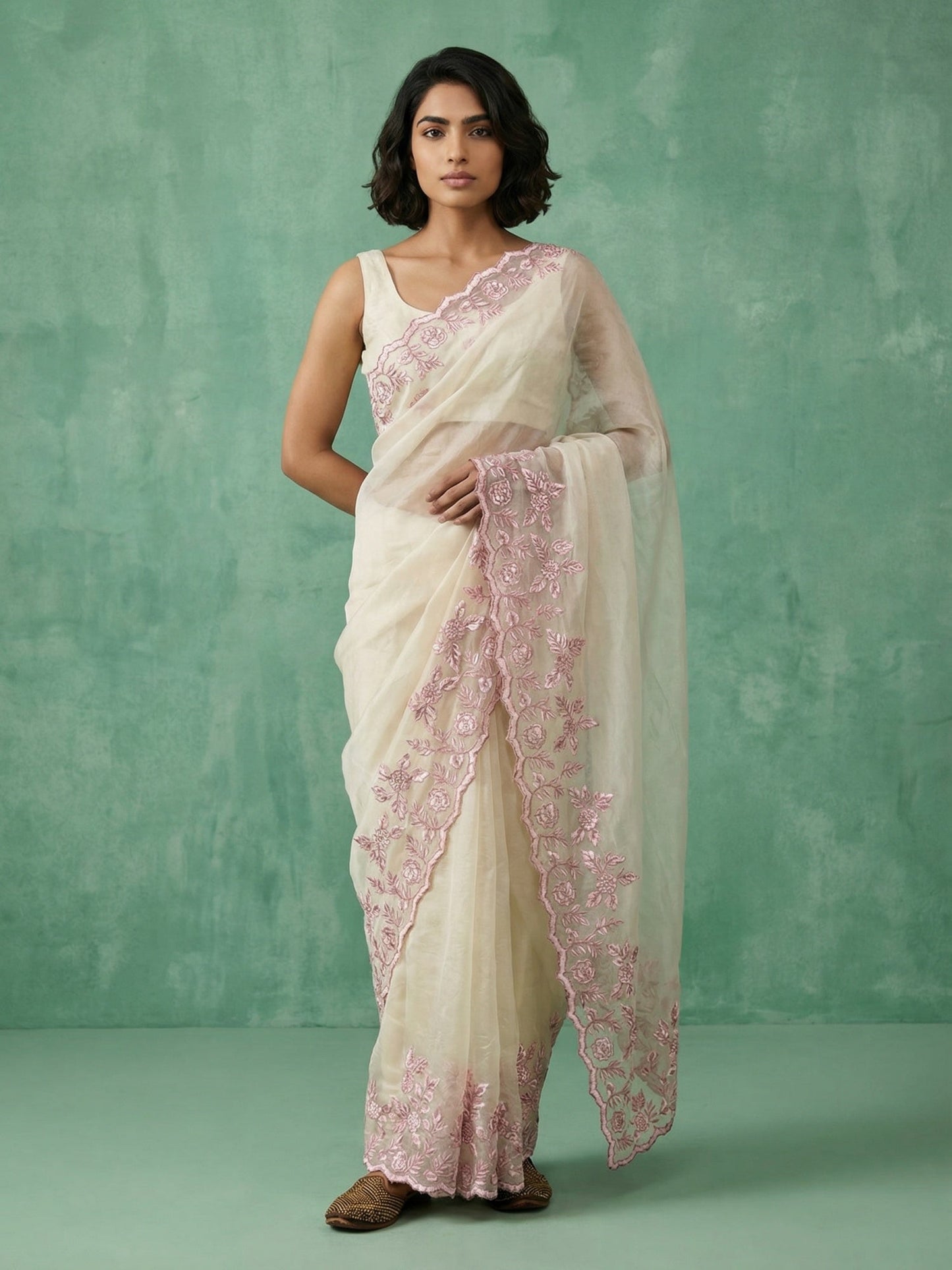 Pure Chanda Silk Floral Embroidered Saree with Schiffli Resham Zari Work & Cutwork Border