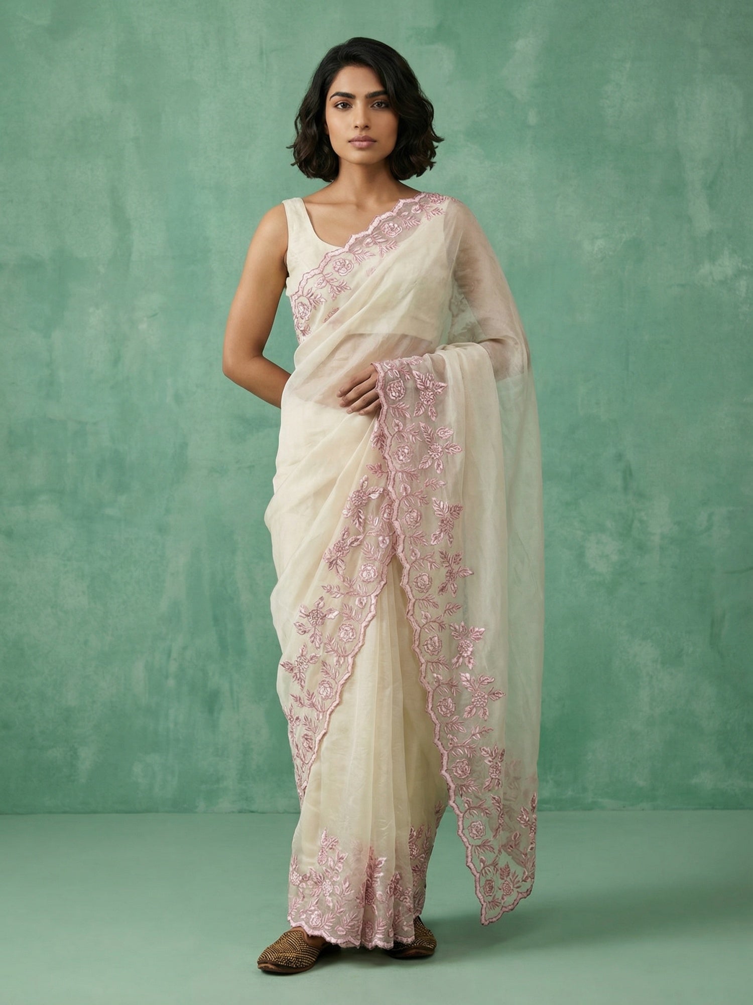 Pure Chanda Silk Floral Embroidered Saree with Schiffli Resham Zari Work & Cutwork Border