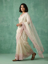 Pure Chanda Silk Floral Embroidered Saree with Schiffli Resham Zari Work & Cutwork Border