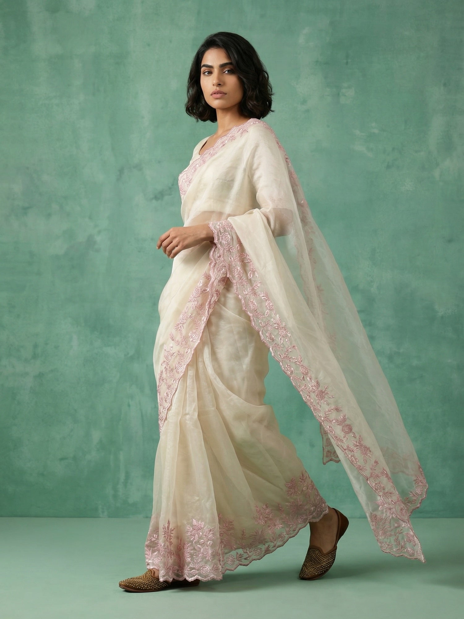 Pure Chanda Silk Floral Embroidered Saree with Schiffli Resham Zari Work & Cutwork Border