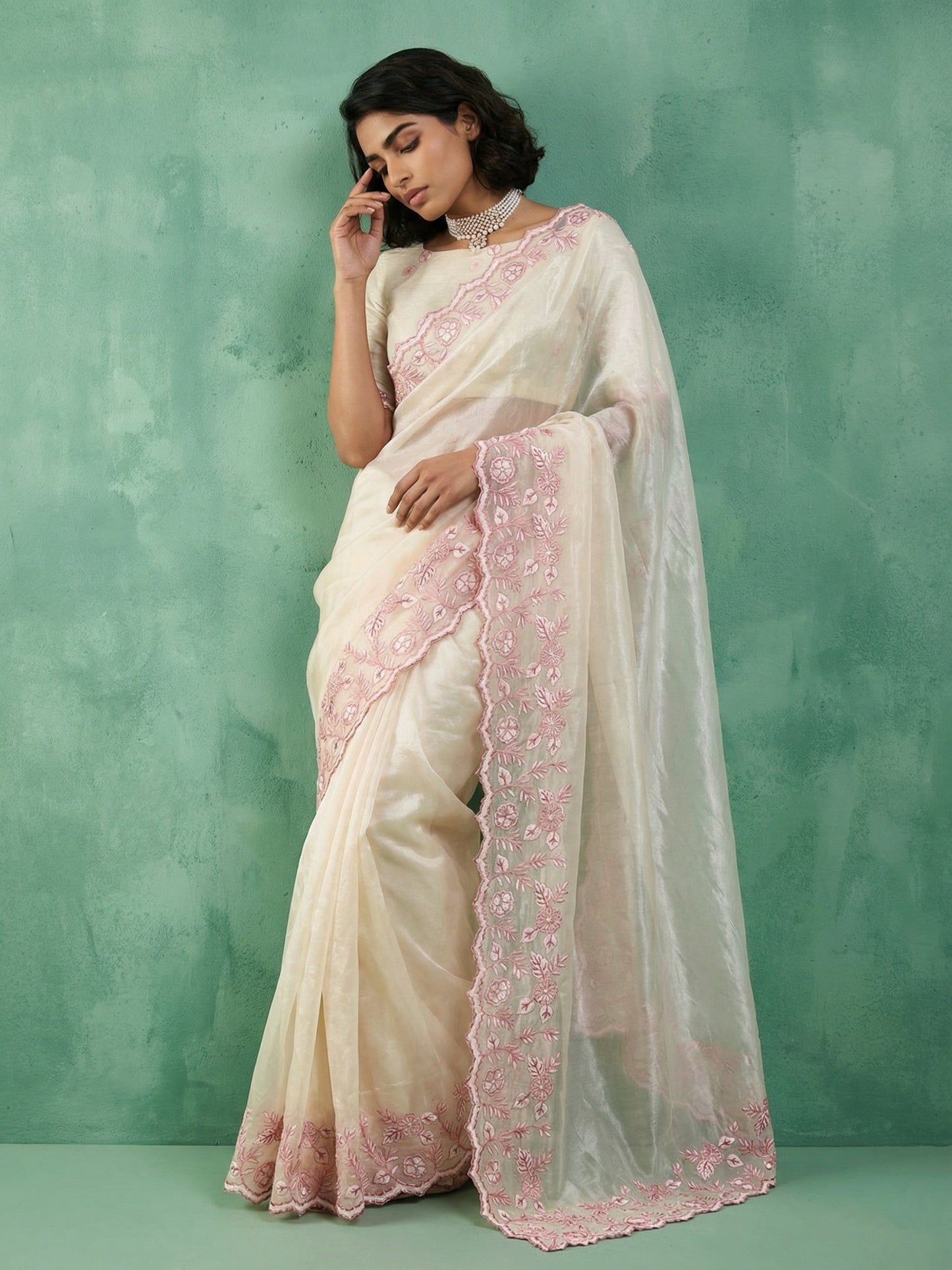 Pure Chanda Silk Floral Embroidered Saree with Schiffli Resham Zari Work & Cutwork Border