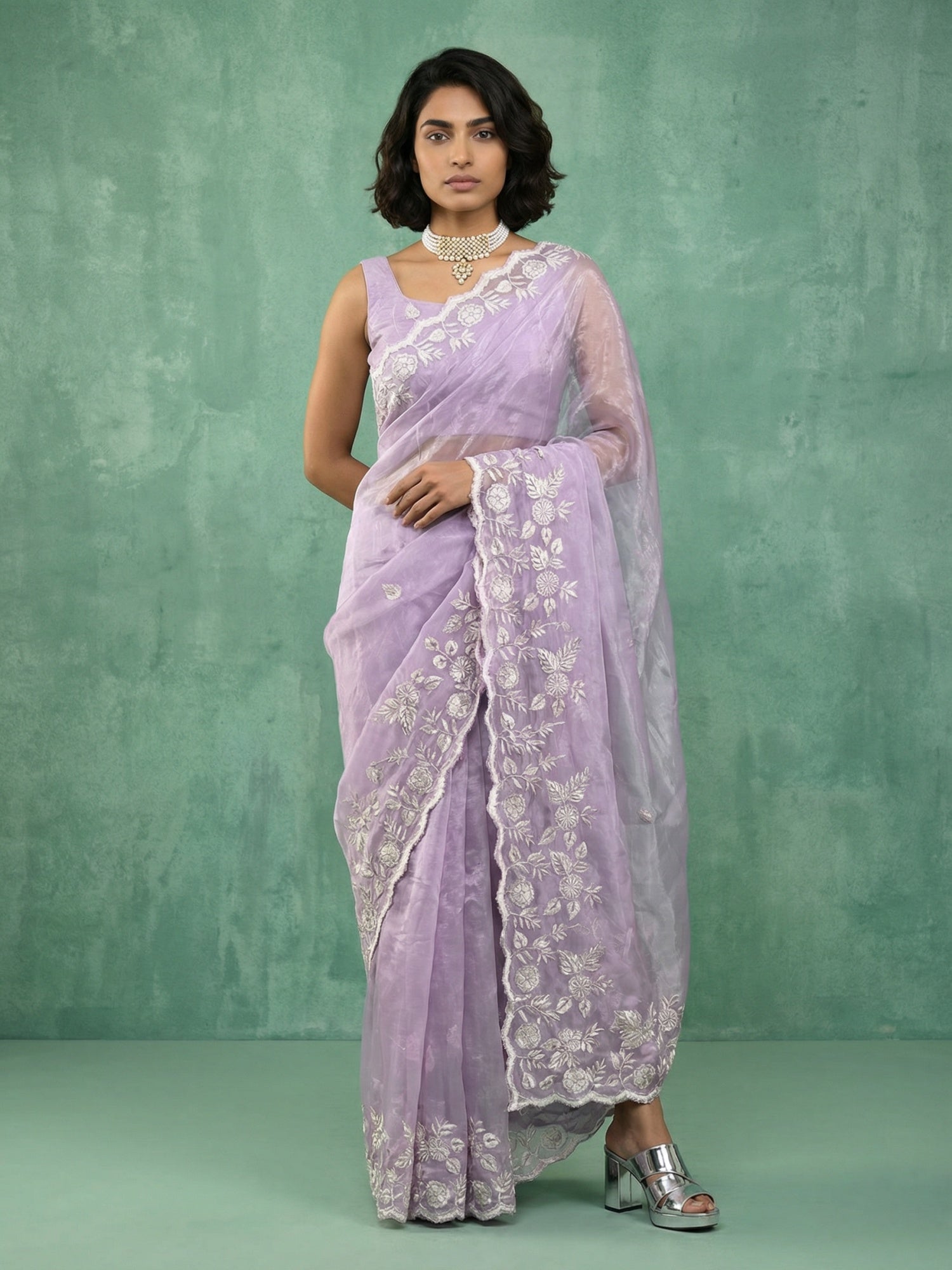 Pure Chanda Silk Floral Embroidered Saree with Schiffli Resham Zari Work and  Cutwork Border