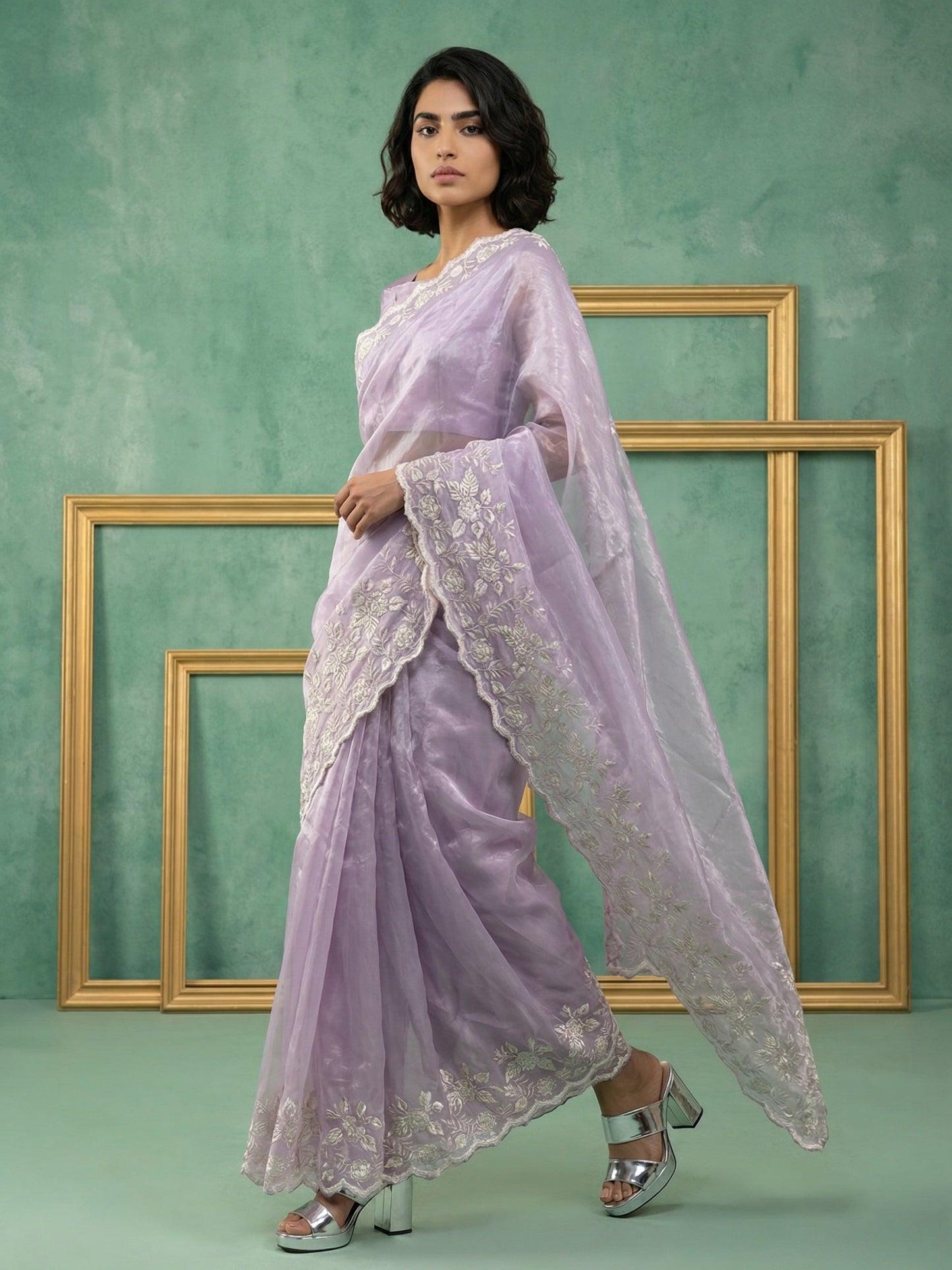 Pure Chanda Silk Floral Embroidered Saree with Schiffli Resham Zari Work and  Cutwork Border