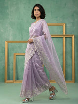 Pure Chanda Silk Floral Embroidered Saree with Schiffli Resham Zari Work and  Cutwork Border