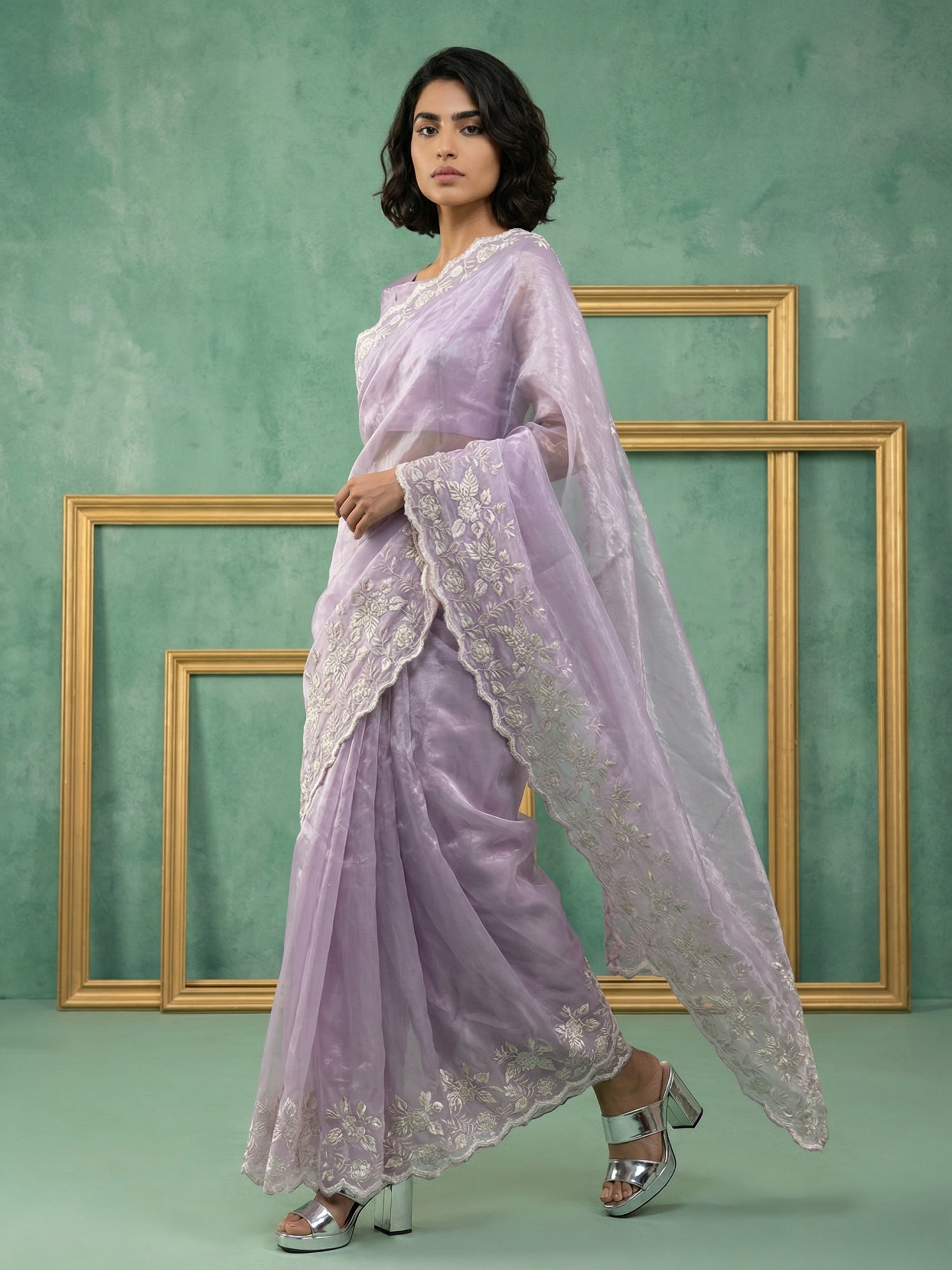 Pure Chanda Silk Floral Embroidered Saree with Schiffli Resham Zari Work and  Cutwork Border