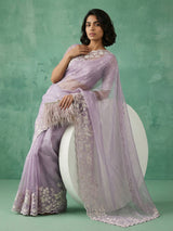 Pure Chanda Silk Floral Embroidered Saree with Schiffli Resham Zari Work and  Cutwork Border
