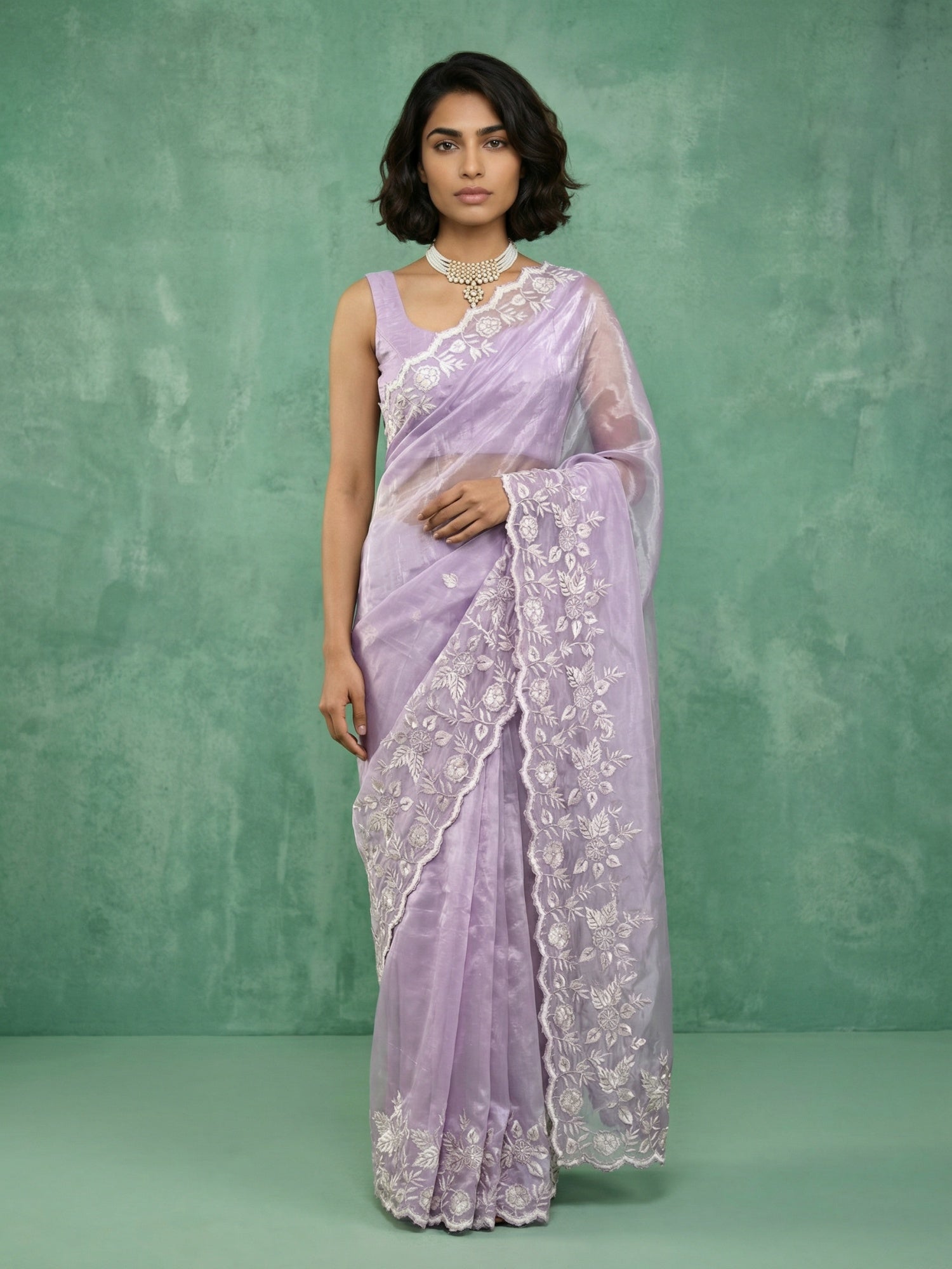 Pure Chanda Silk Floral Embroidered Saree with Schiffli Resham Zari Work and  Cutwork Border