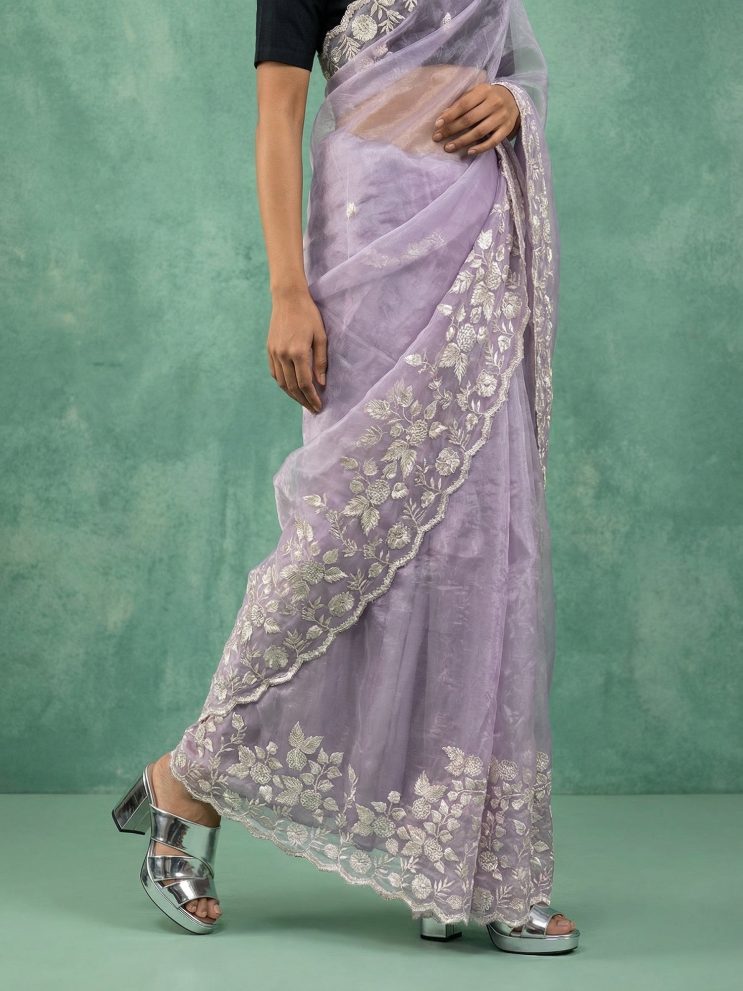 Pure Chanda Silk Floral Embroidered Saree with Schiffli Resham Zari Work and  Cutwork Border