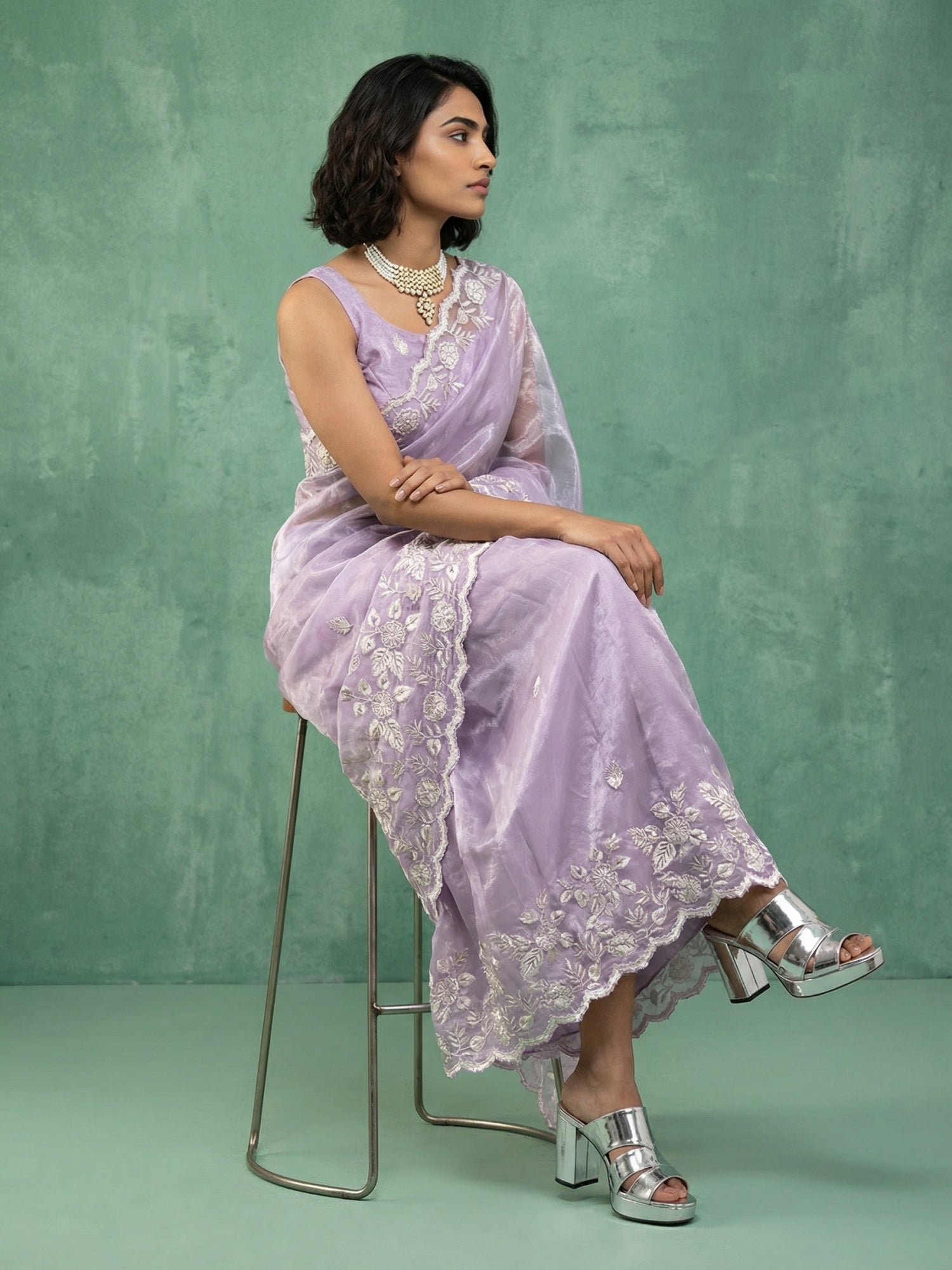Pure Chanda Silk Floral Embroidered Saree with Schiffli Resham Zari Work and  Cutwork Border