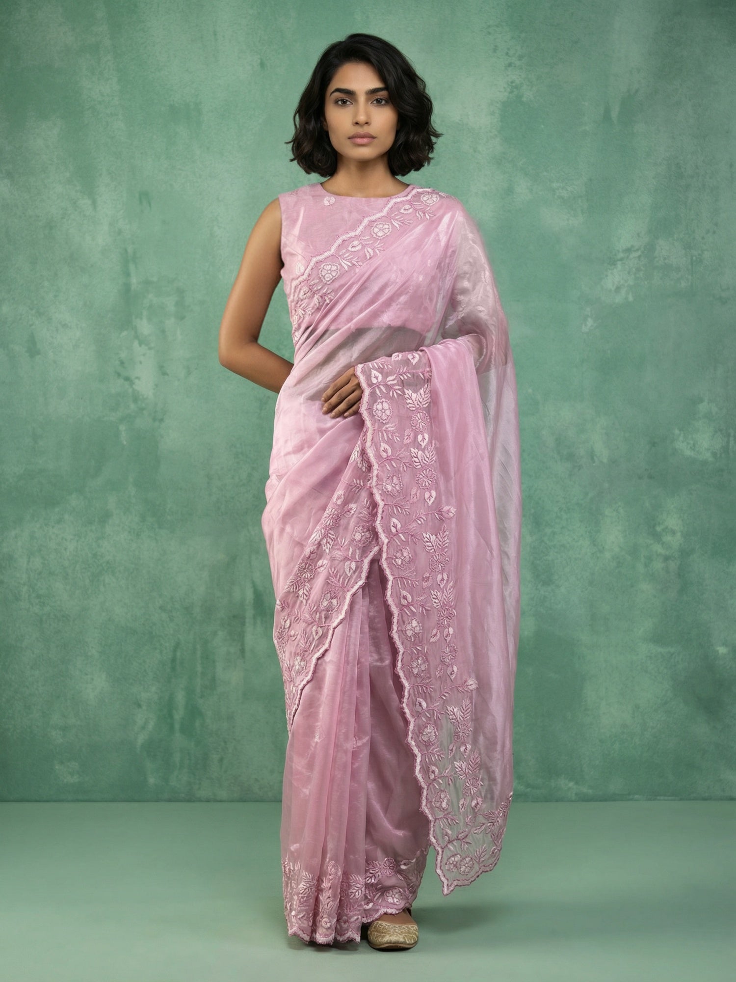 Pure Chanda Silk Floral Embroidered Saree with Schiffli Resham Zari Work and  Cutwork Border