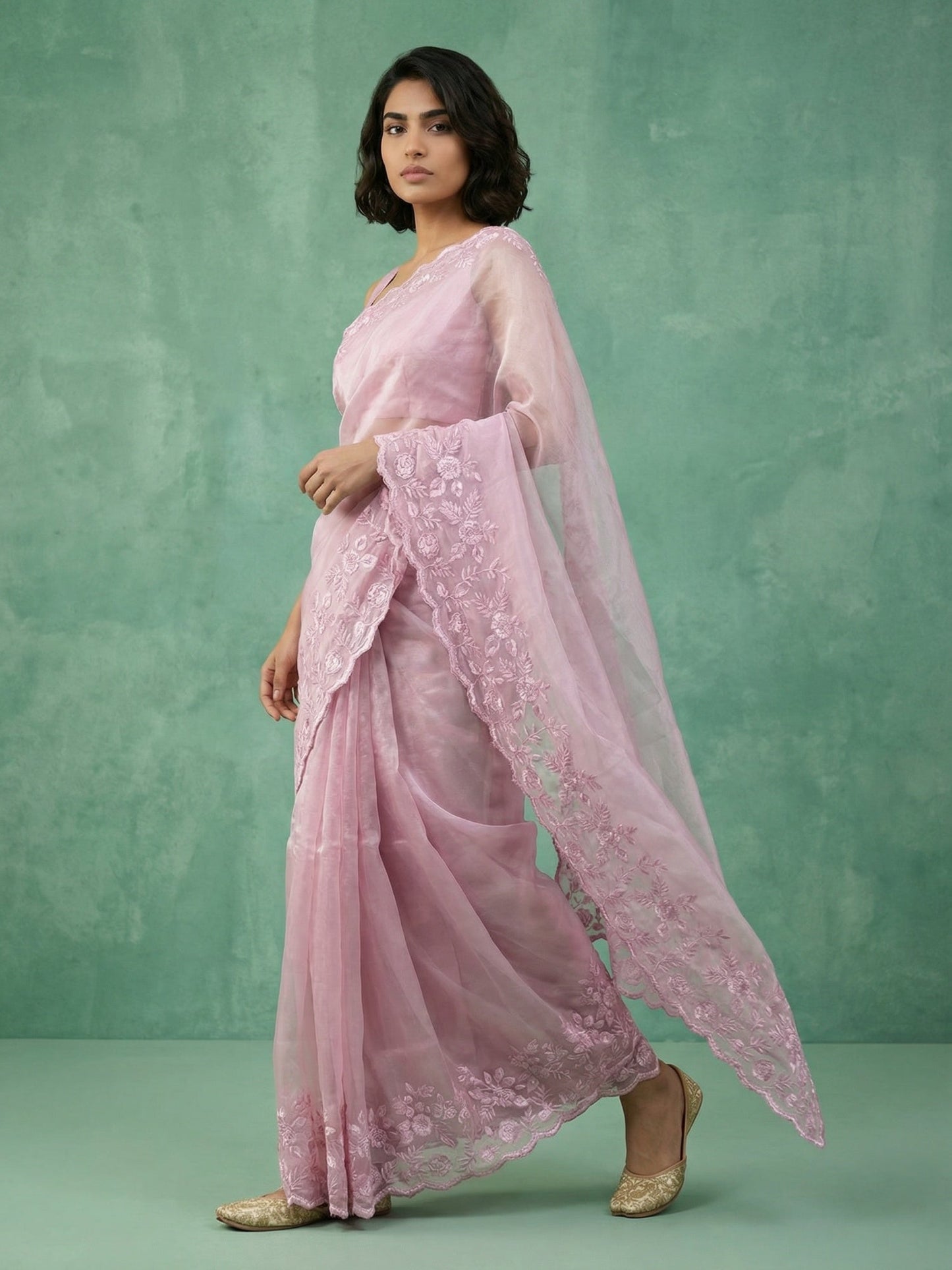 Pure Chanda Silk Floral Embroidered Saree with Schiffli Resham Zari Work and  Cutwork Border
