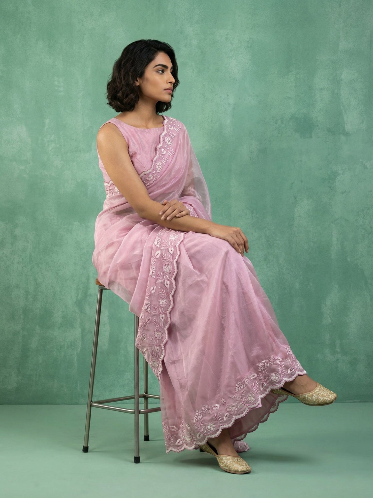 Pure Chanda Silk Floral Embroidered Saree with Schiffli Resham Zari Work and  Cutwork Border