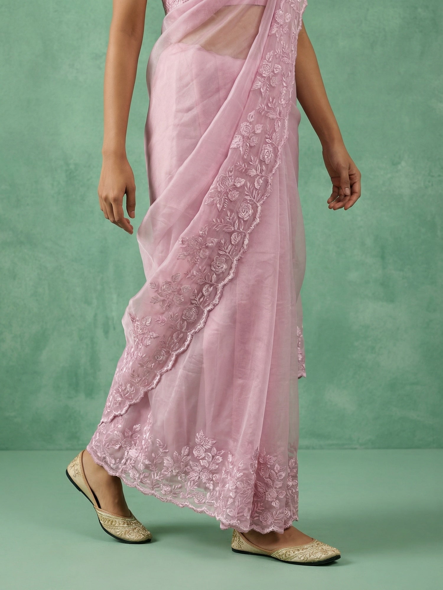 Pure Chanda Silk Floral Embroidered Saree with Schiffli Resham Zari Work and  Cutwork Border