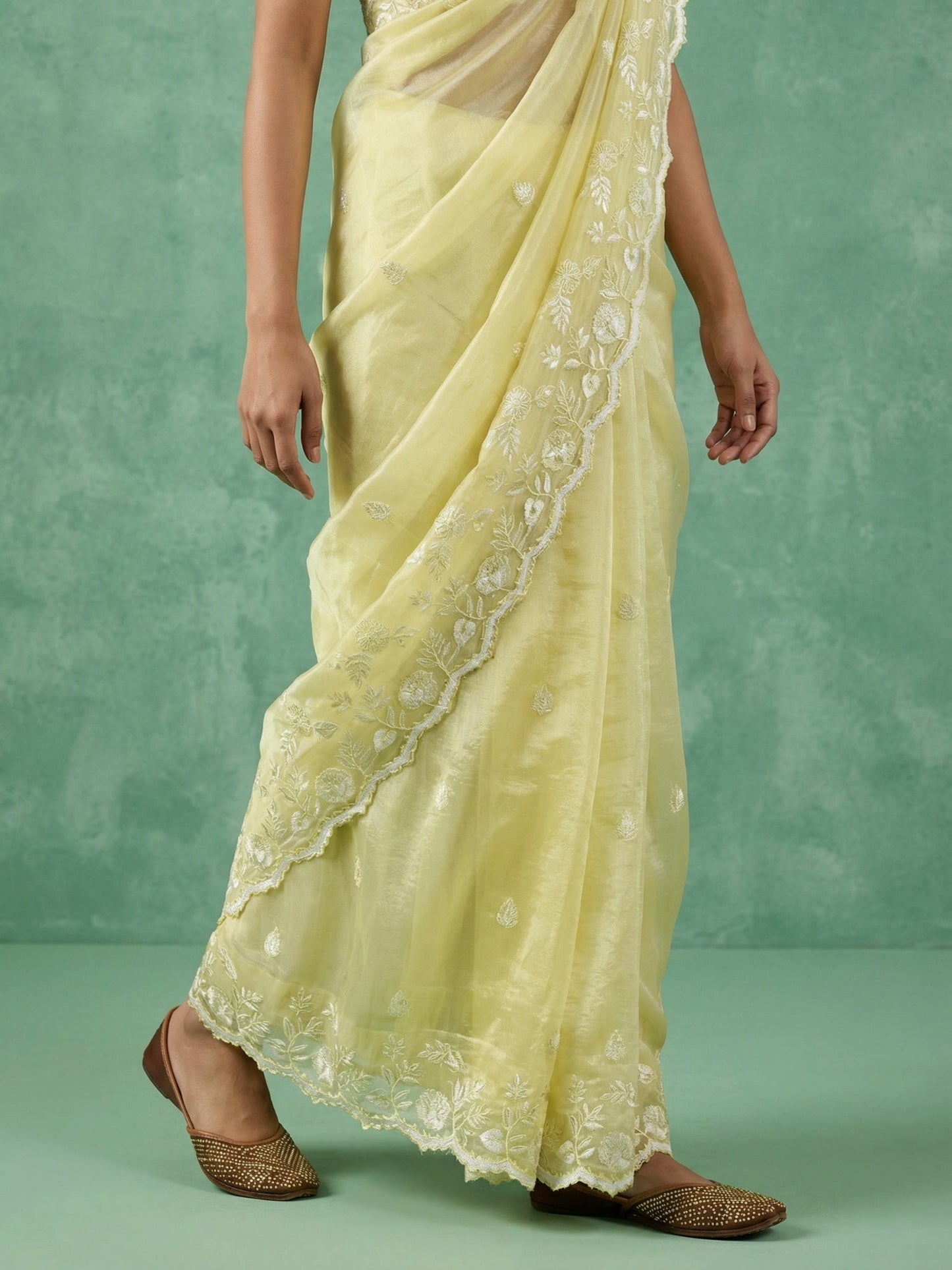 Pure Chanda Silk Floral Embroidered Saree with Schiffli Resham Zari Work And Cutwork Border
