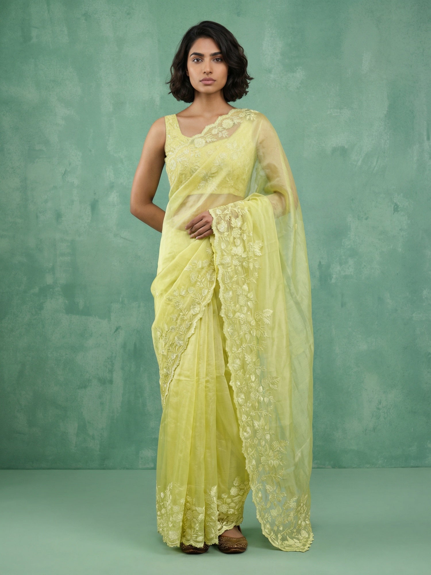Pure Chanda Silk Floral Embroidered Saree with Schiffli Resham Zari Work And Cutwork Border