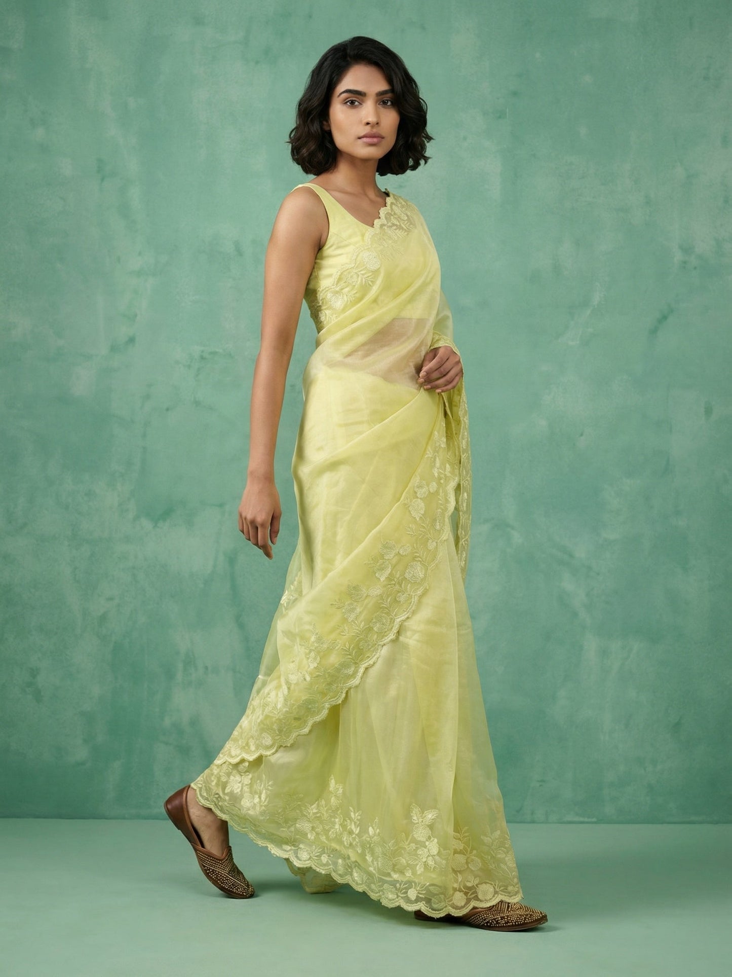 Pure Chanda Silk Floral Embroidered Saree with Schiffli Resham Zari Work And Cutwork Border