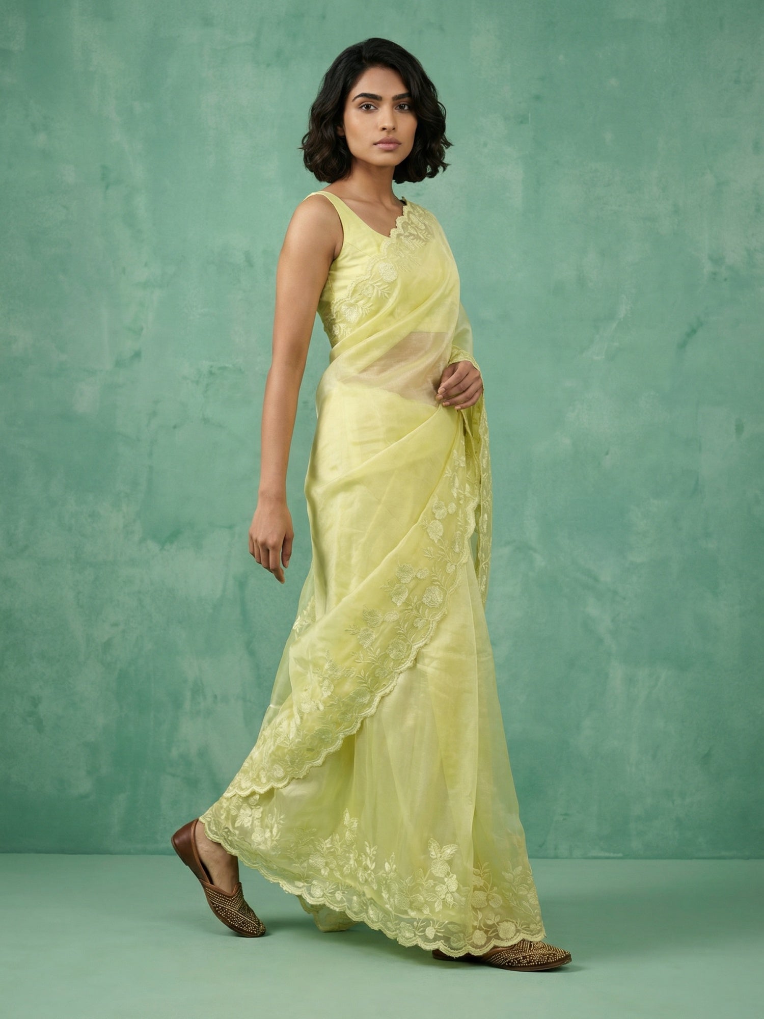 Pure Chanda Silk Floral Embroidered Saree with Schiffli Resham Zari Work And Cutwork Border