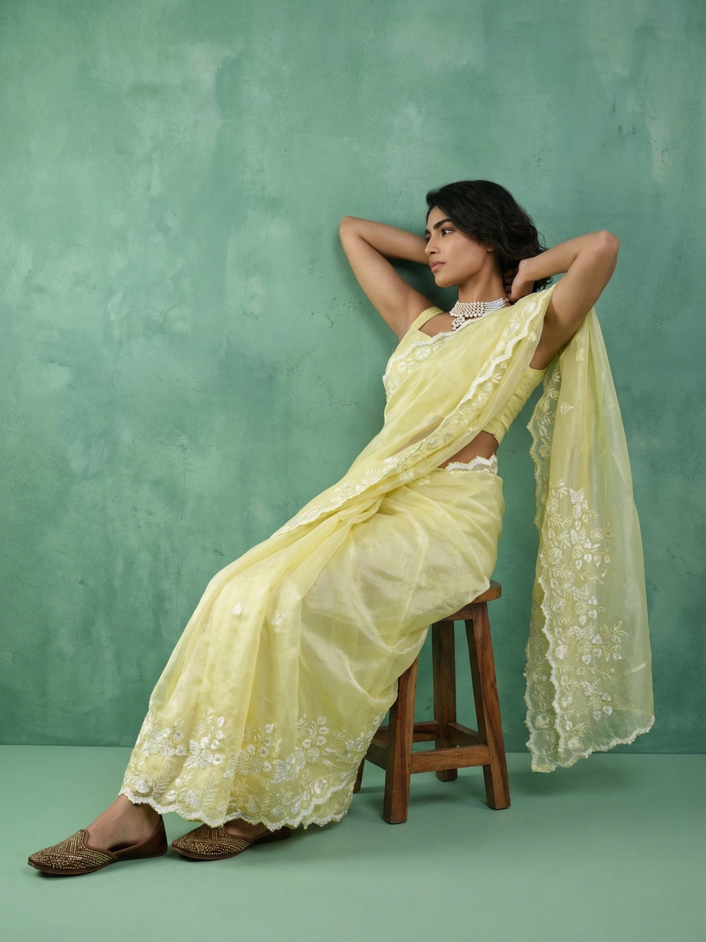 Pure Chanda Silk Floral Embroidered Saree with Schiffli Resham Zari Work And Cutwork Border