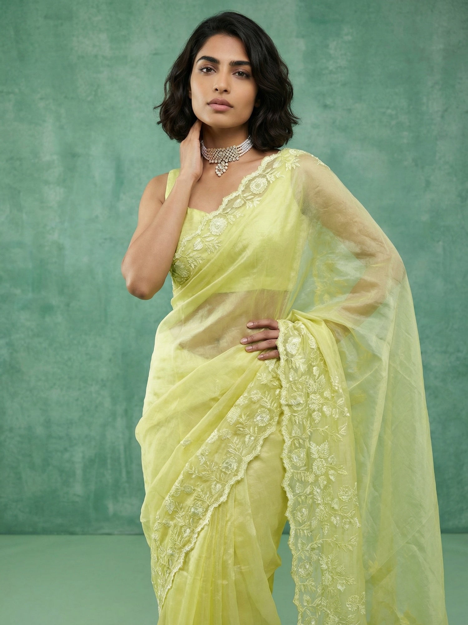 Pure Chanda Silk Floral Embroidered Saree with Schiffli Resham Zari Work And Cutwork Border