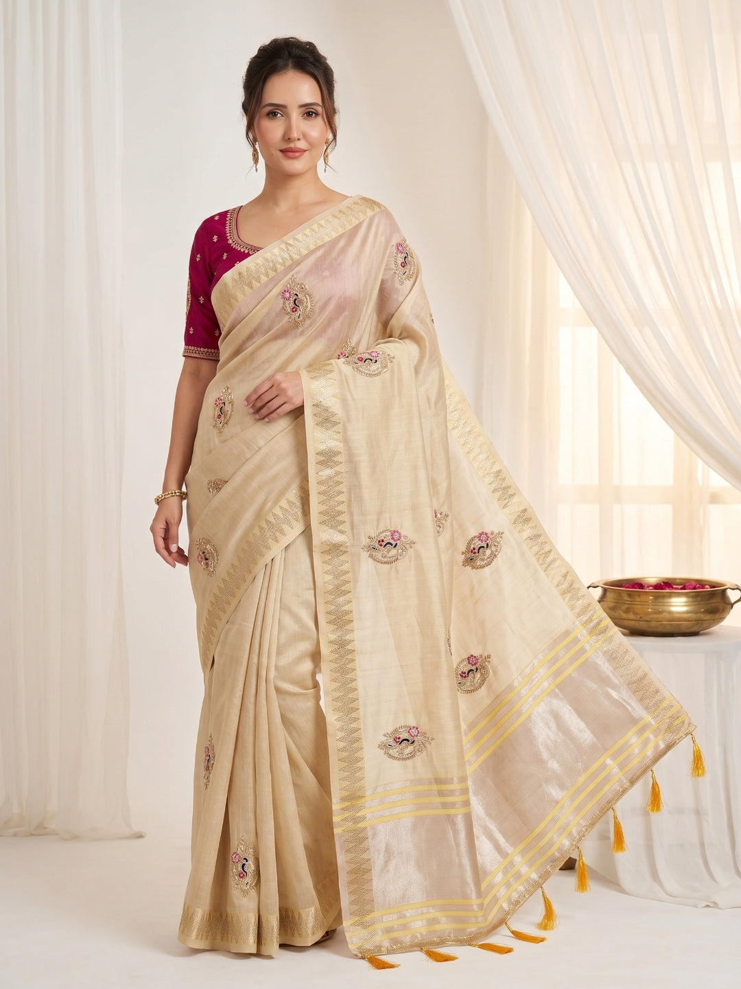Beige Original Banarasi Checks Saree Designer Party Wear Saree With Beads Handwork Zari Border Rich Pallu Wedding Festive Saree