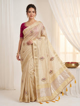Beige Original Banarasi Checks Saree Designer Party Wear Saree With Beads Handwork Zari Border Rich Pallu Wedding Festive Saree