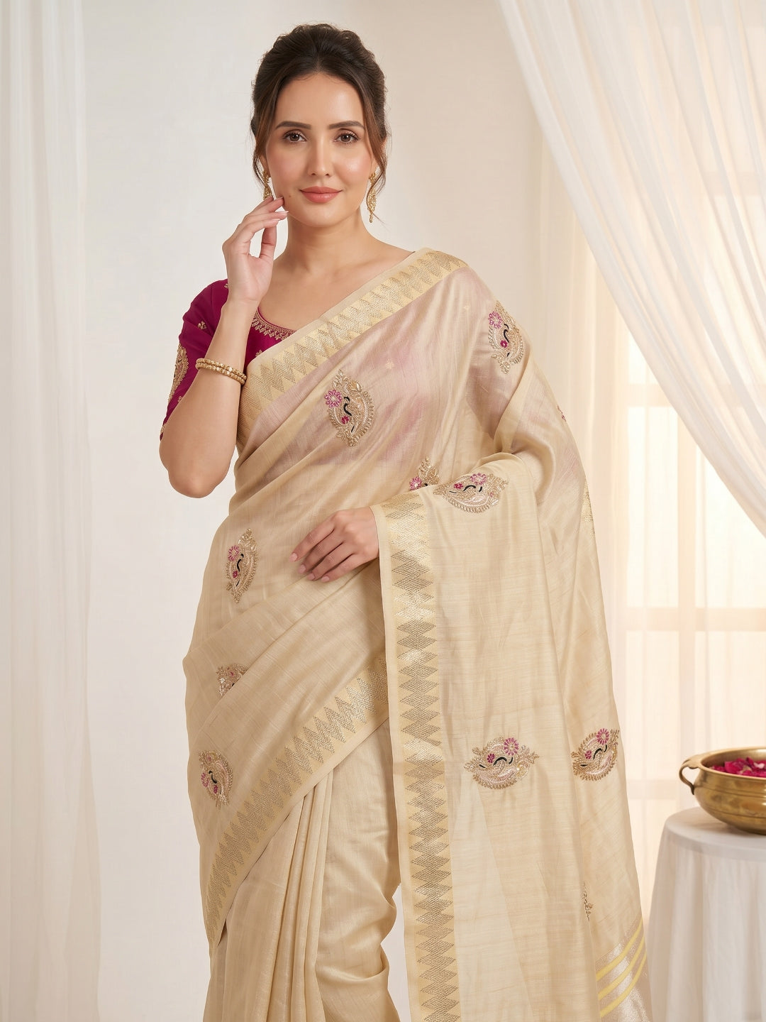 Beige Original Banarasi Checks Saree Designer Party Wear Saree With Beads Handwork Zari Border Rich Pallu Wedding Festive Saree