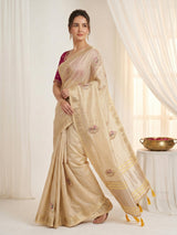 Beige Original Banarasi Checks Saree Designer Party Wear Saree With Beads Handwork Zari Border Rich Pallu Wedding Festive Saree