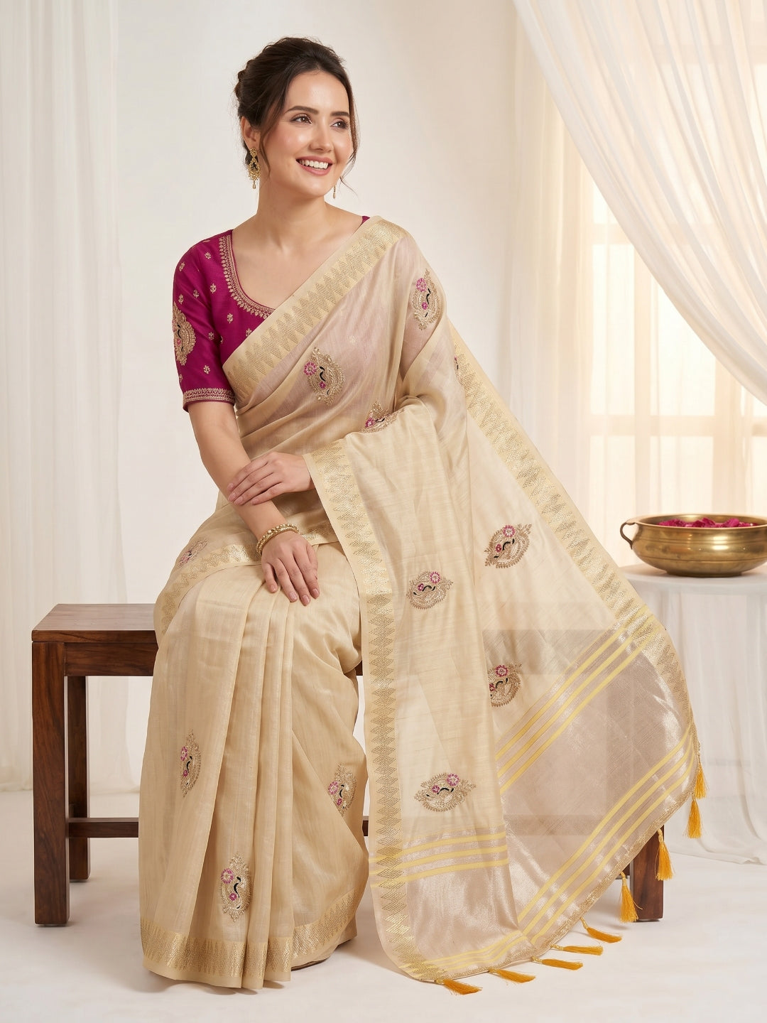 Beige Original Banarasi Checks Saree Designer Party Wear Saree With Beads Handwork Zari Border Rich Pallu Wedding Festive Saree