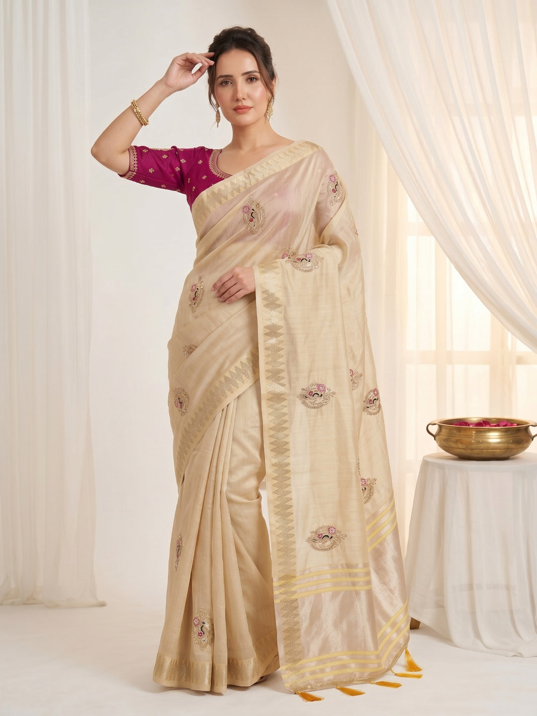 Beige Original Banarasi Checks Saree Designer Party Wear Saree With Beads Handwork Zari Border Rich Pallu Wedding Festive Saree