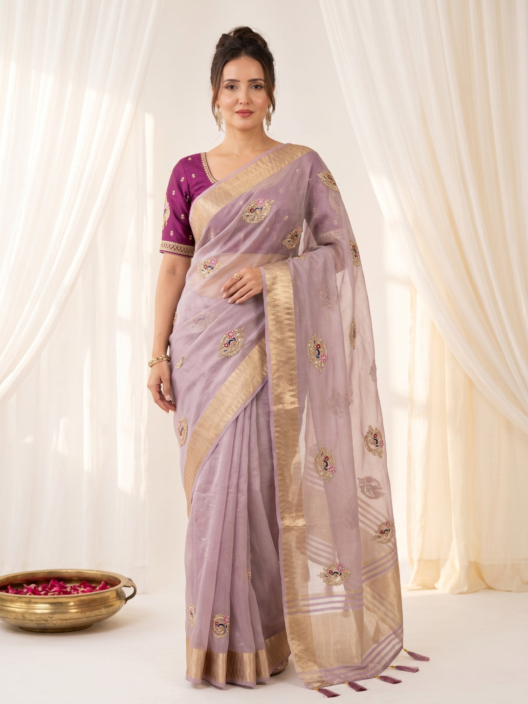 Lavender Original Banarasi Checks Saree Designer Party Wear Saree With Beads Handwork Zari Border Rich Pallu Wedding Festive Saree