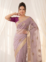 Lavender Original Banarasi Checks Saree Designer Party Wear Saree With Beads Handwork Zari Border Rich Pallu Wedding Festive Saree