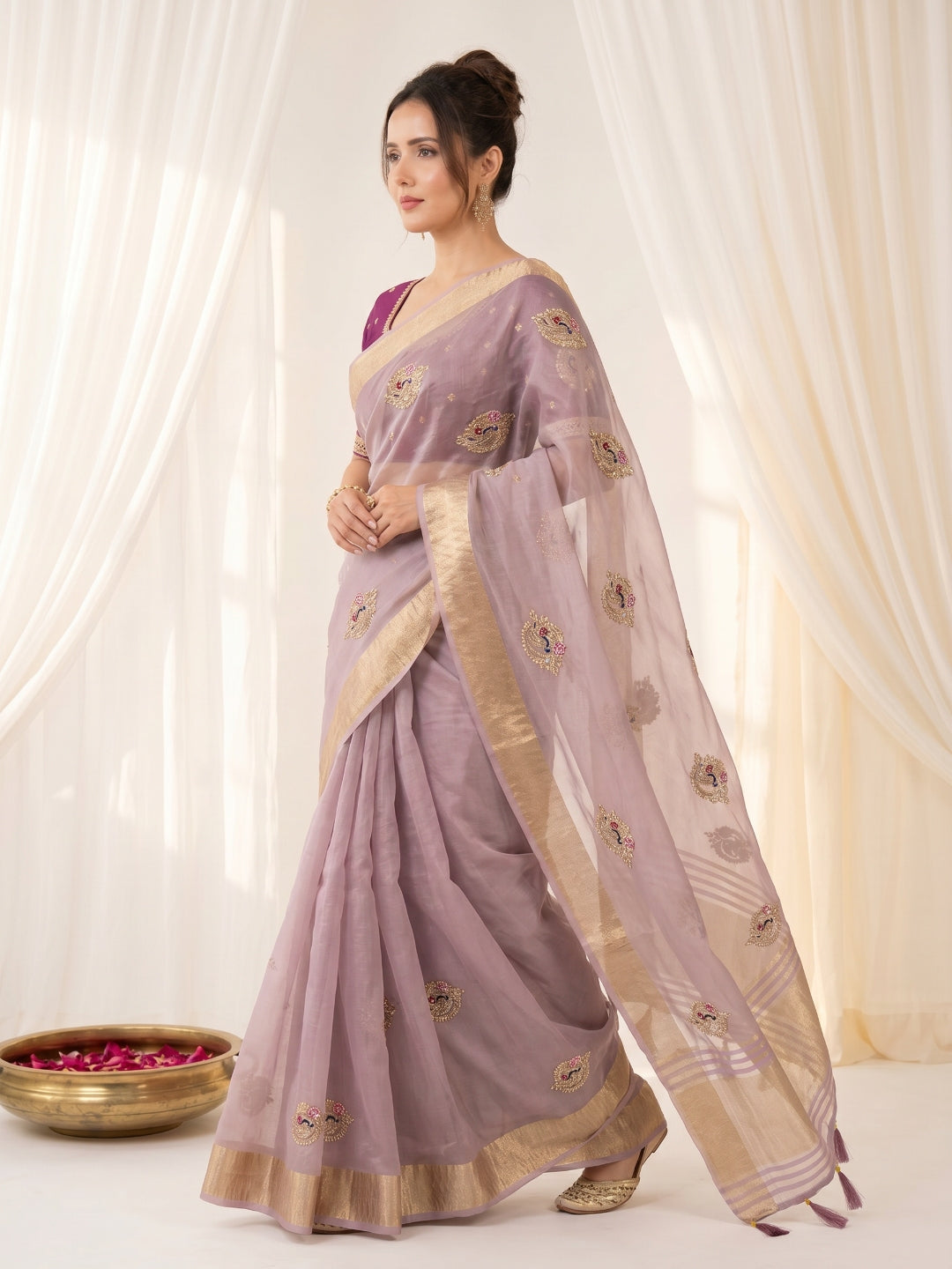 Lavender Original Banarasi Checks Saree Designer Party Wear Saree With Beads Handwork Zari Border Rich Pallu Wedding Festive Saree