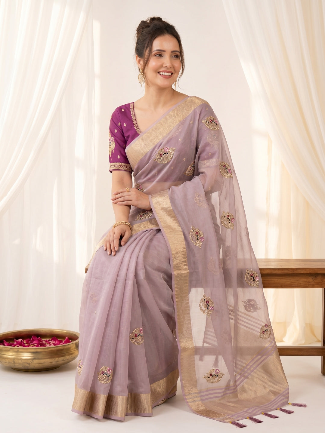 Lavender Original Banarasi Checks Saree Designer Party Wear Saree With Beads Handwork Zari Border Rich Pallu Wedding Festive Saree
