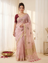Pink Original Banarasi Checks Saree Designer Party Wear Saree With Beads Handwork Zari Border Rich Pallu Wedding Festive Saree