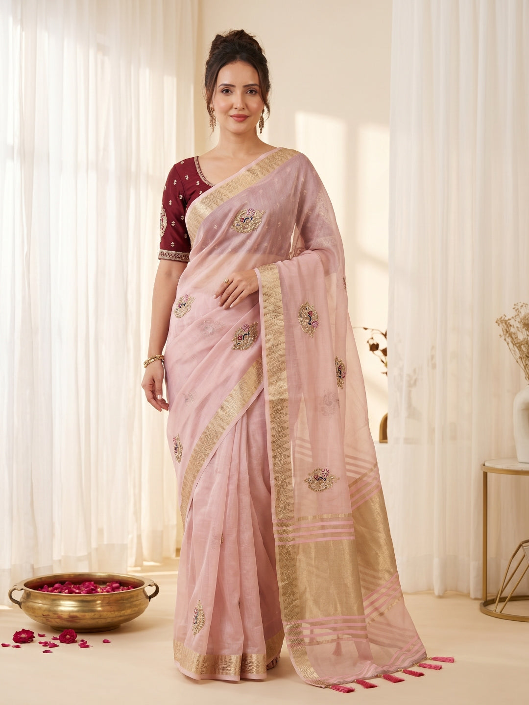 Pink Original Banarasi Checks Saree Designer Party Wear Saree With Beads Handwork Zari Border Rich Pallu Wedding Festive Saree