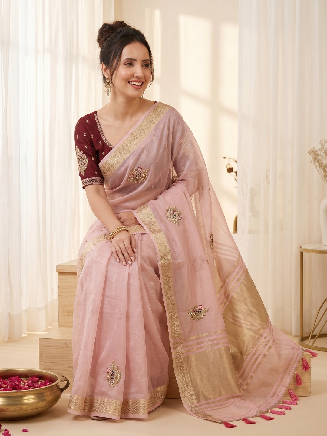Pink Original Banarasi Checks Saree Designer Party Wear Saree With Beads Handwork Zari Border Rich Pallu Wedding Festive Saree