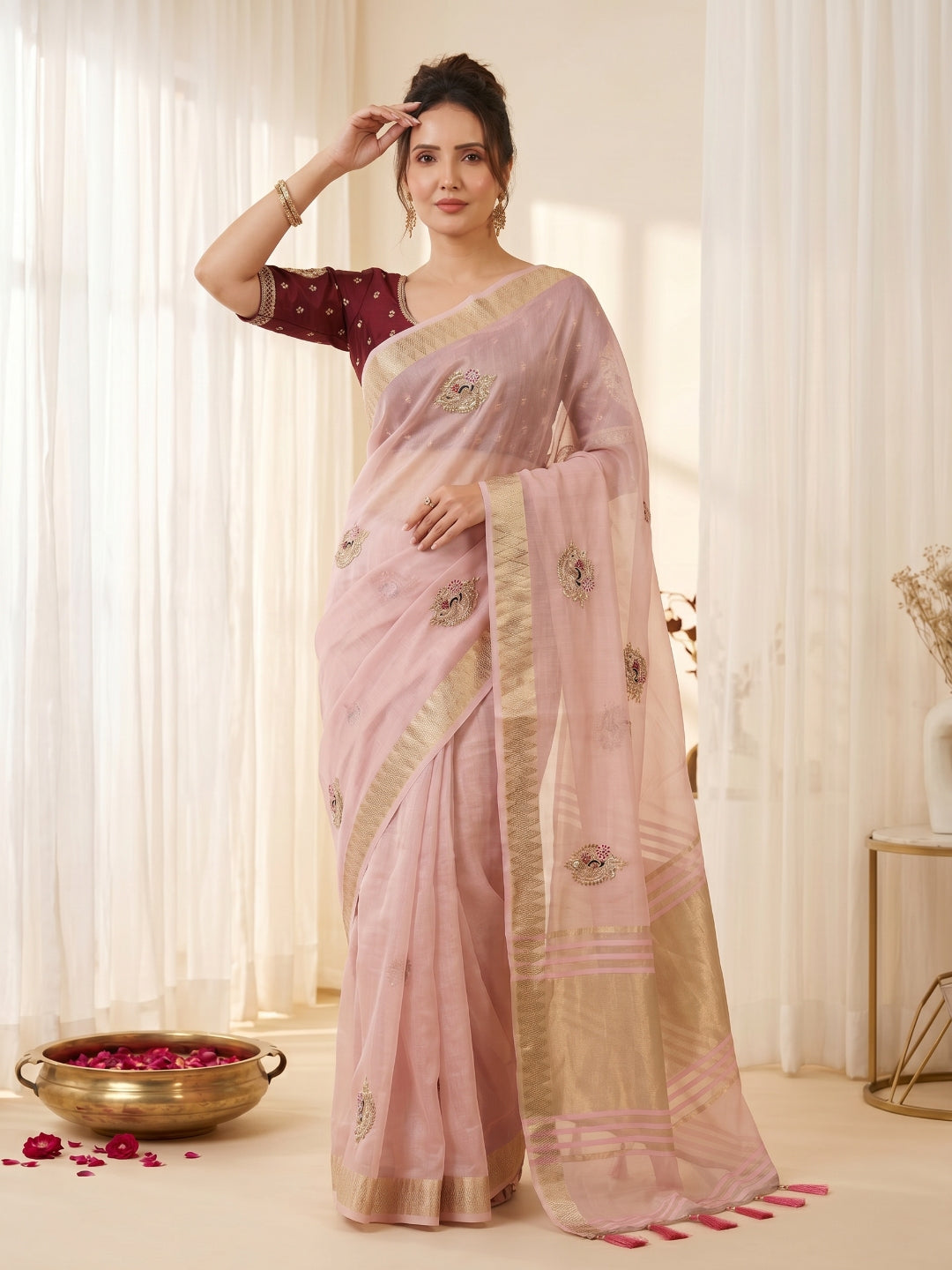 Pink Original Banarasi Checks Saree Designer Party Wear Saree With Beads Handwork Zari Border Rich Pallu Wedding Festive Saree