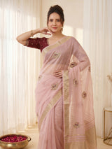 Pink Original Banarasi Checks Saree Designer Party Wear Saree With Beads Handwork Zari Border Rich Pallu Wedding Festive Saree