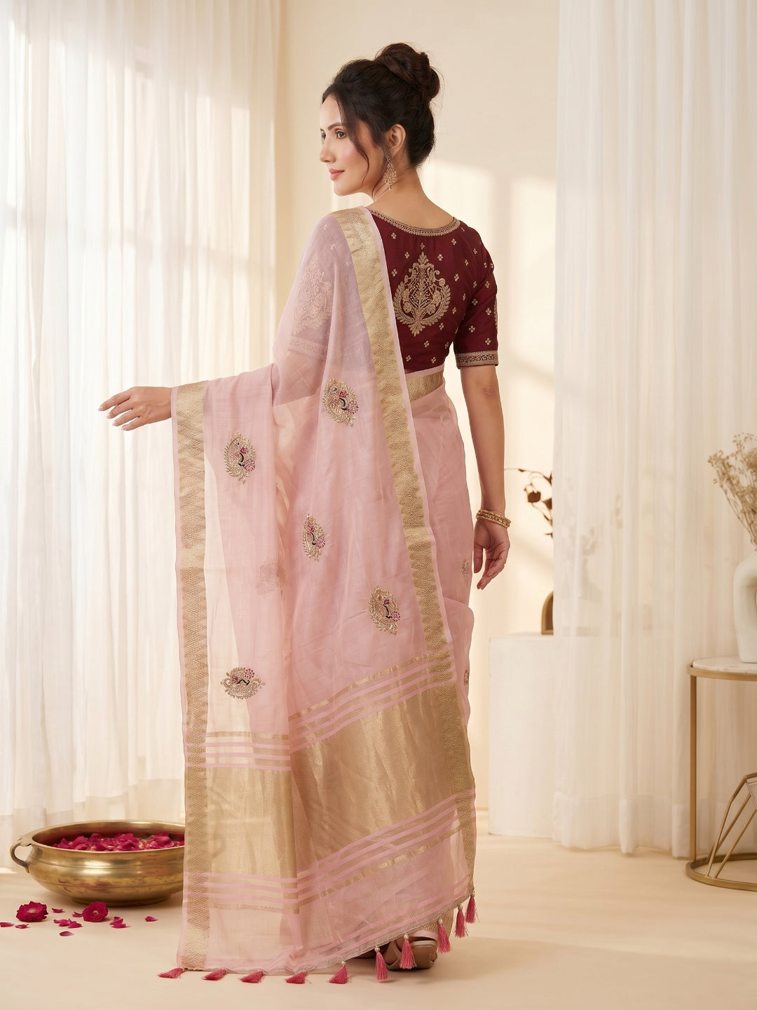 Pink Original Banarasi Checks Saree Designer Party Wear Saree With Beads Handwork Zari Border Rich Pallu Wedding Festive Saree