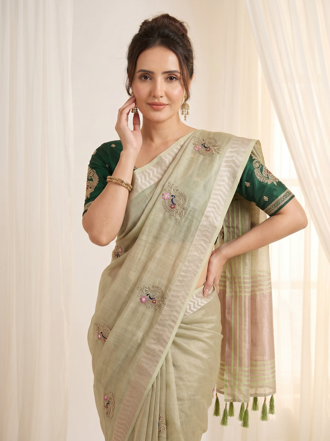 Pista Original Banarasi Checks Saree Designer Party Wear Saree With Beads Handwork Zari Border Rich Pallu Wedding Festive Saree