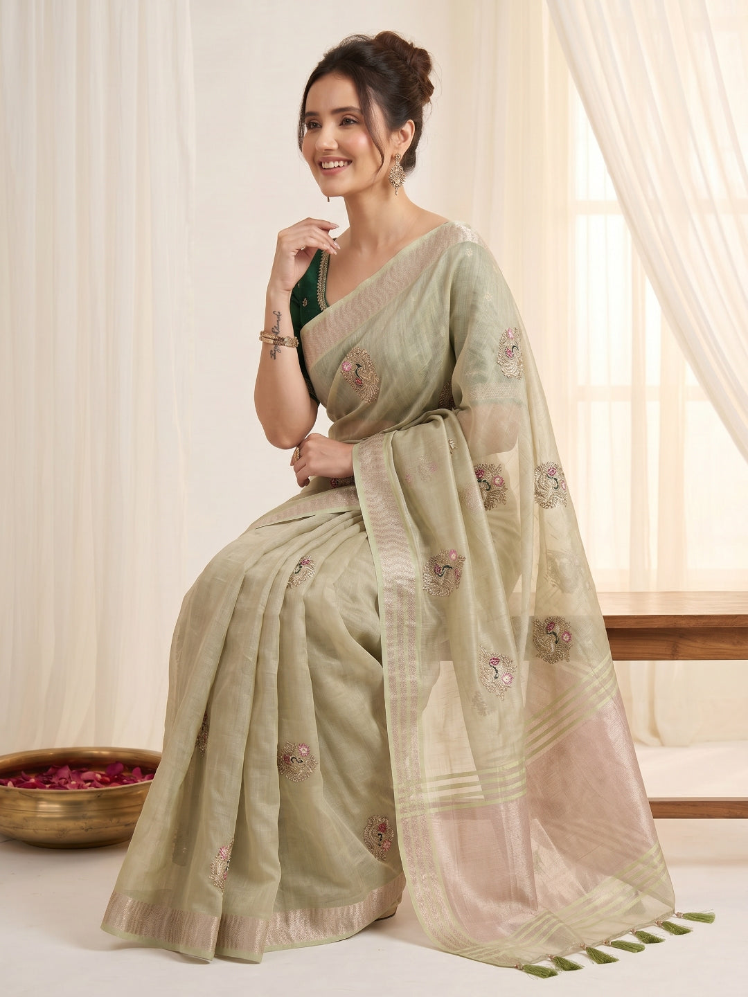 Pista Original Banarasi Checks Saree Designer Party Wear Saree With Beads Handwork Zari Border Rich Pallu Wedding Festive Saree