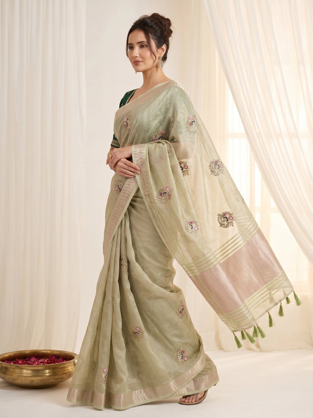 Pista Original Banarasi Checks Saree Designer Party Wear Saree With Beads Handwork Zari Border Rich Pallu Wedding Festive Saree