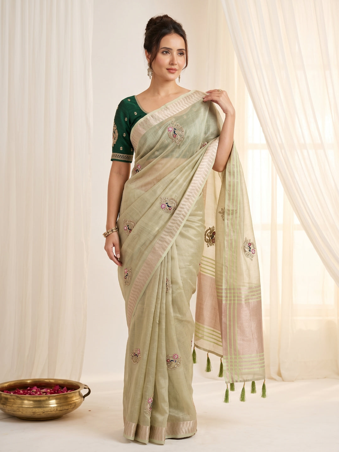 Pista Original Banarasi Checks Saree Designer Party Wear Saree With Beads Handwork Zari Border Rich Pallu Wedding Festive Saree