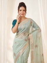Sky Original Banarasi Checks Saree Designer Party Wear Saree With Beads Handwork Zari Border Rich Pallu Wedding Festive Saree